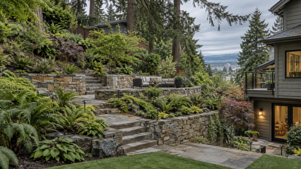 Hillside landscaping Portland Oregon terraced sloped backyard