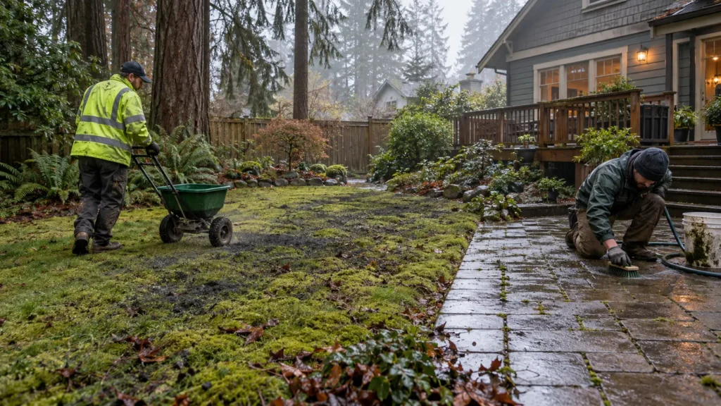 Moss removal Portland Oregon moss growing between paver joints on a shaded Portland patio