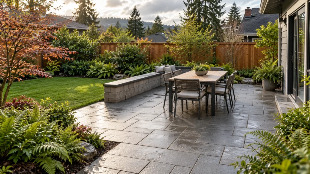 Paver patio ideas Portland Oregon backyard paver patio with seating wall and planted border