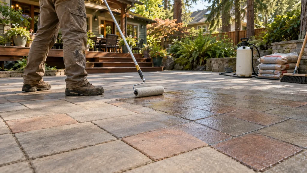 Paver sealing cost Portland Oregon freshly sealed paver patio with natural finish