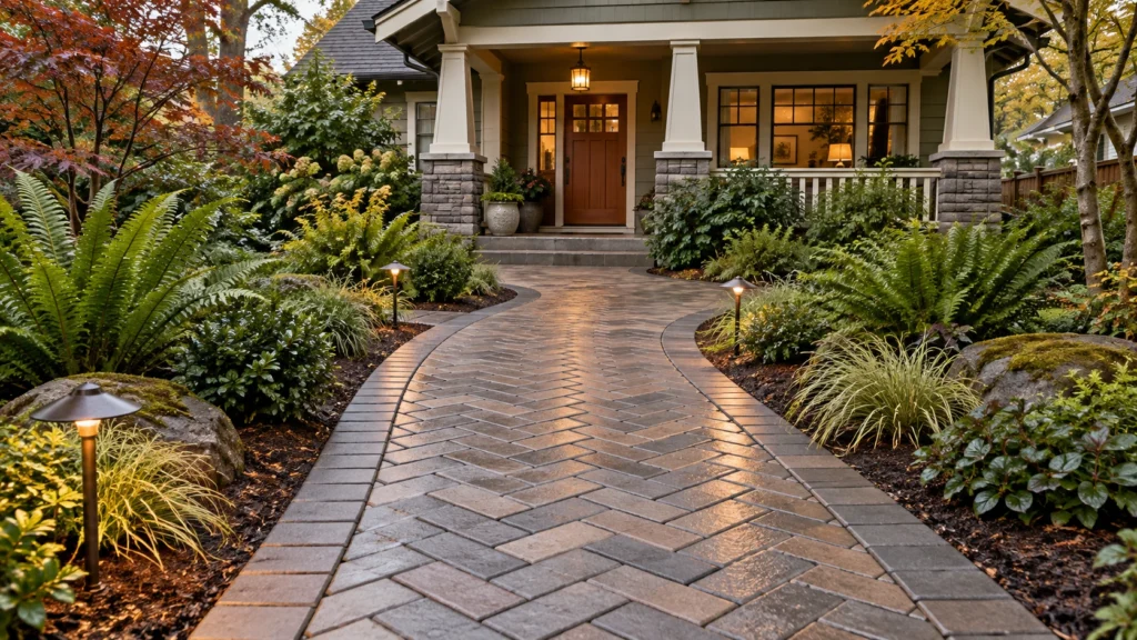 Paver walkway ideas Portland Oregon front entry paver path leading to a covered porch