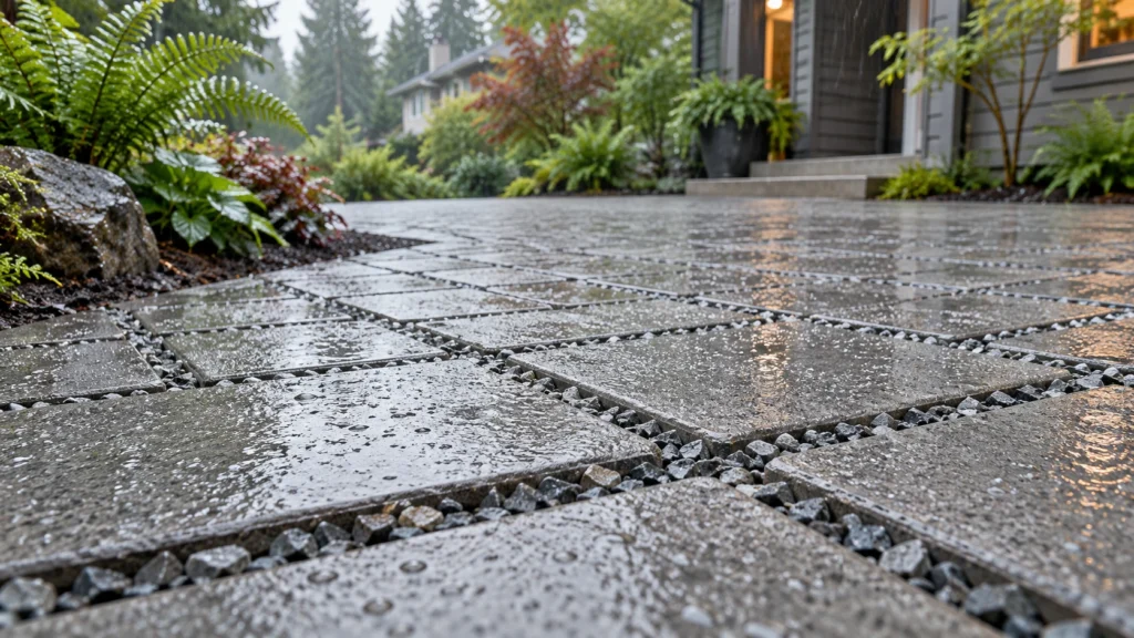 Permeable pavers Portland Oregon patio with open joints that let rainwater drain through