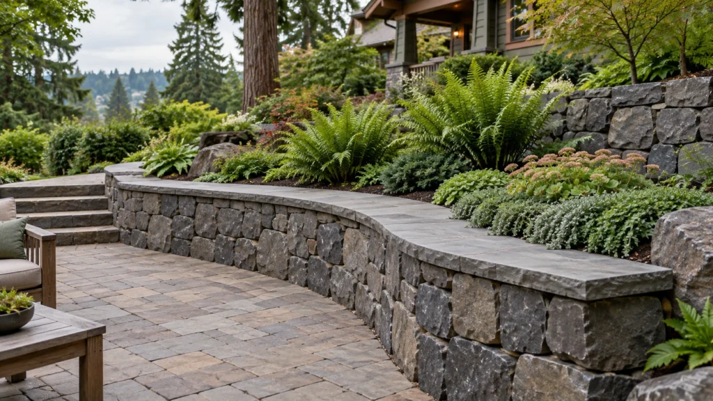 Retaining wall ideas Portland Oregon low natural stone seat wall around a paver patio