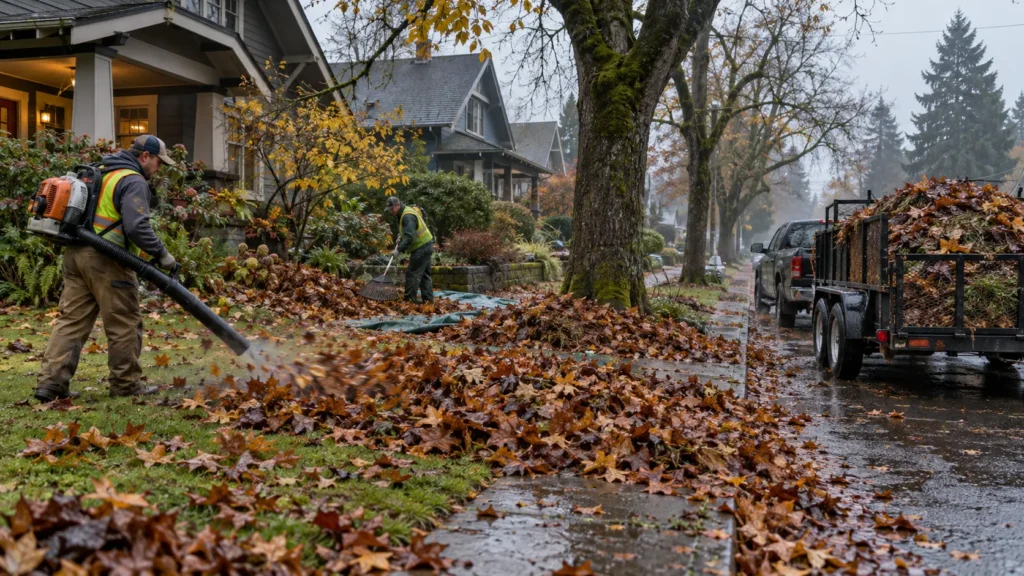 Yard cleanup Portland Oregon crew clearing fall leaves from a Portland lawn